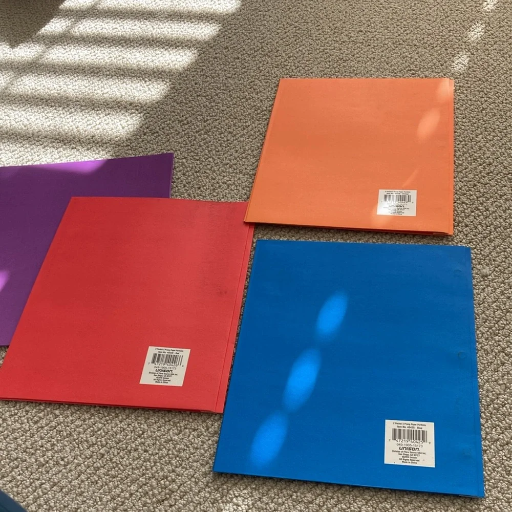 Unison 2 Pocket 3 Prong Folders Set of Four Assorted Colors With Dividers 4 Pack